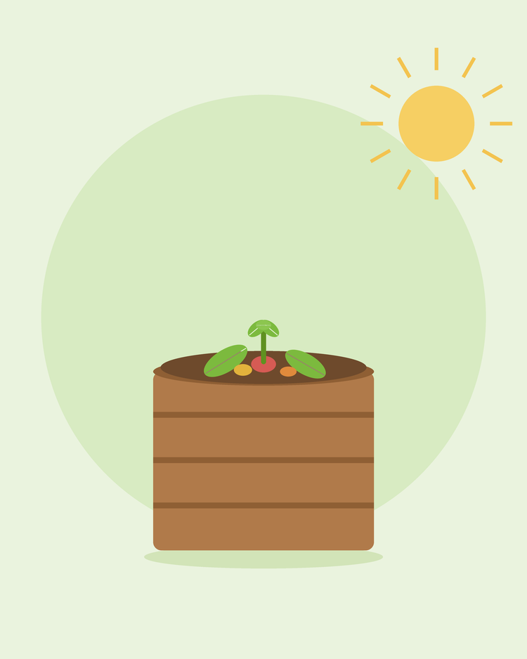 Ilustração plana de um compostor de madeira com restos de cozinha e jardim — compostagem para principiantes, da SeedsChoice