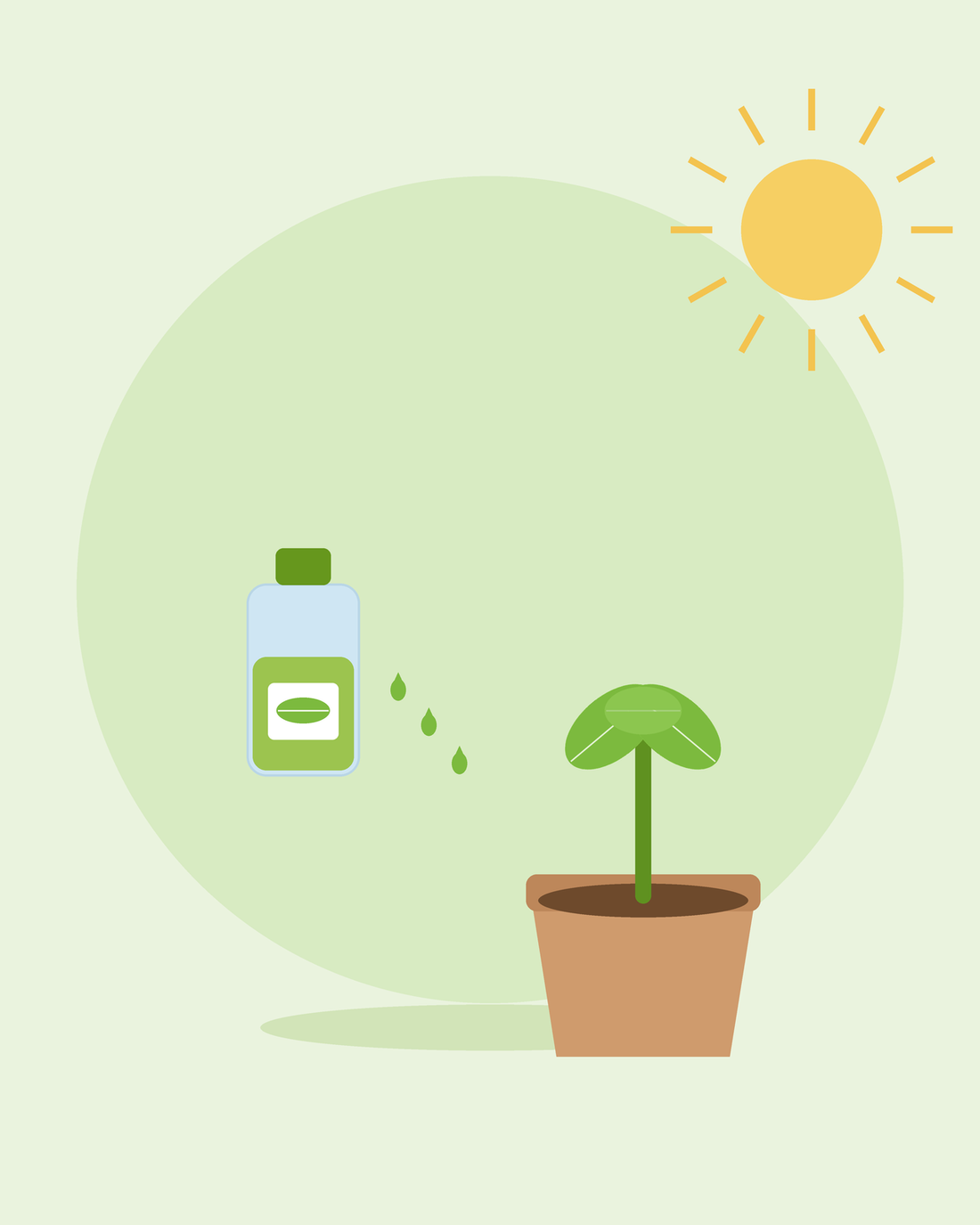 Ilustración plana de un frasco de abono con gotas junto a una plántula en maceta — nutrición y fertilización de plantas, de SeedsChoice