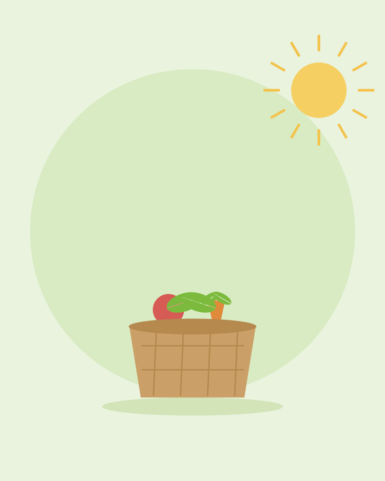 Ilustração plana de um cesto de verga com legumes recém-colhidos — como colher e armazenar os seus produtos, da SeedsChoice