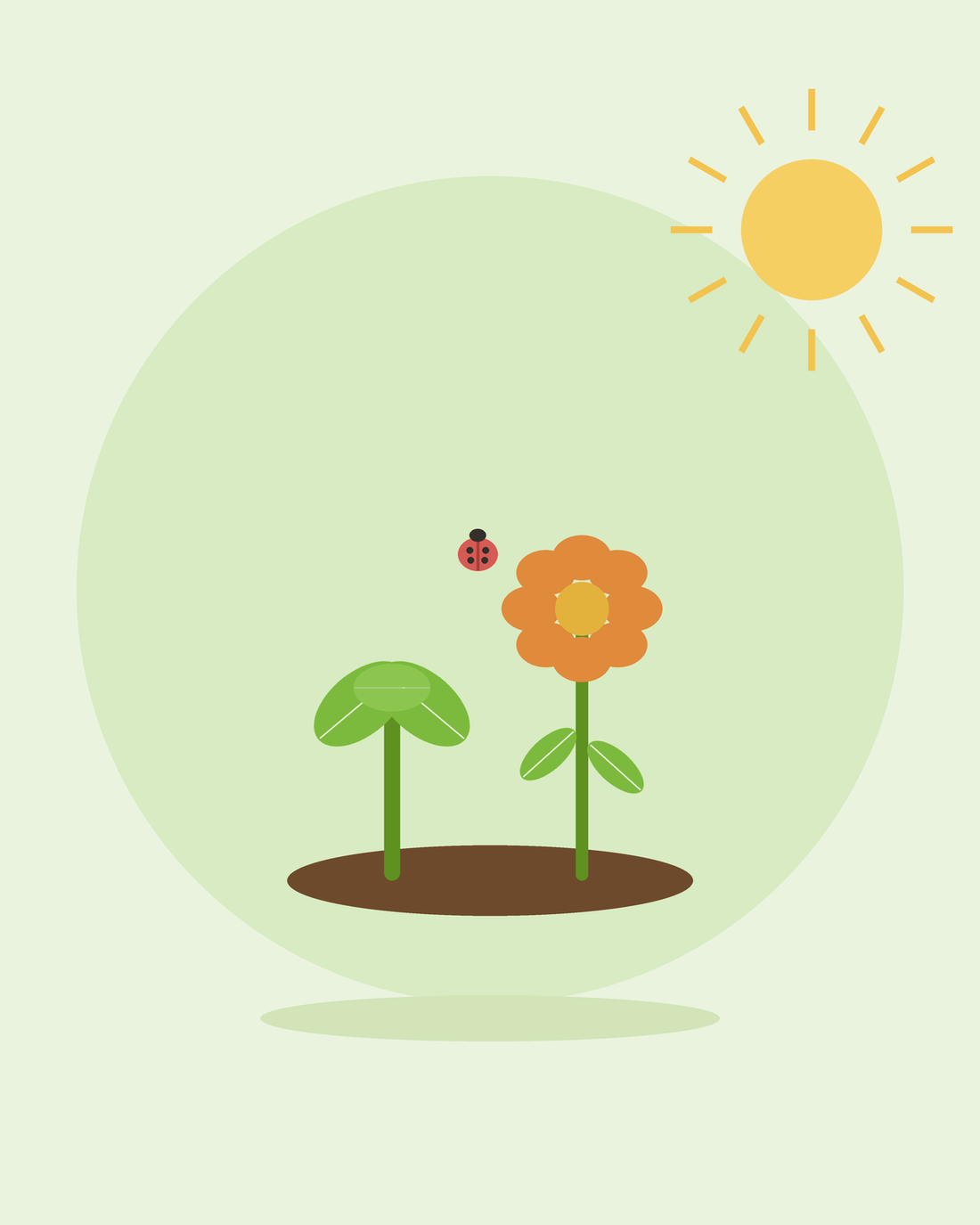 Ilustración plana de una hortaliza y una flor creciendo juntas con una mariquita — cultivo en asociación, de SeedsChoice