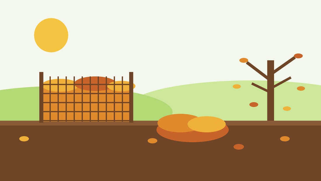 Como fazer molde de folhas — ilustração plana de uma gaiola de rede metálica cheia de folhas de outono, ao lado de uma árvore despida e de uma pilha de folhas caídas