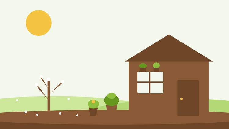 Proteção de plantas sensíveis no inverno — ilustração plana de vasos abrigados junto a um abrigo de jardim num inverno gelado