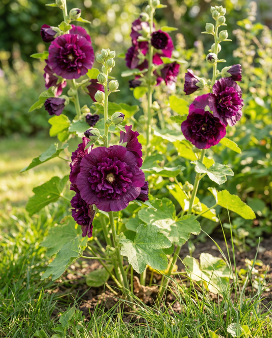 Malva-real Chater's Deep Purple (Alcea rosea) – sementes bienais da SeedsChoice