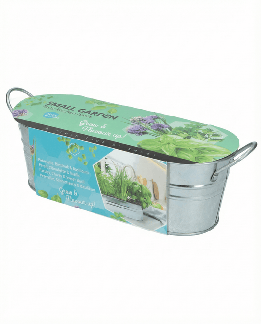Set de albahaca, cebollino y perejil de cocina con tina galvanizada y sustrato – semillas de hierbas aromáticas de SeedsChoice